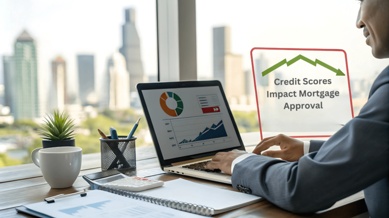 Infographic showing how credit scores affect mortgage approval, interest rates, and loan terms with tips for improving credit scores.