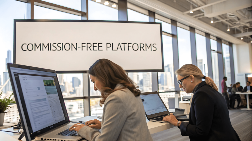 Commission-free platforms interface showcasing direct transactions between buyers and sellers, emphasizing transparency, technology, and cost savings.