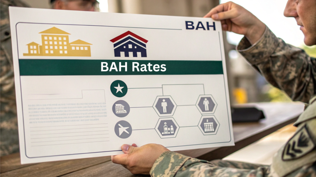 Infographic showing how 2025 military BAH rates are calculated based on rank, location, dependents, and local housing costs